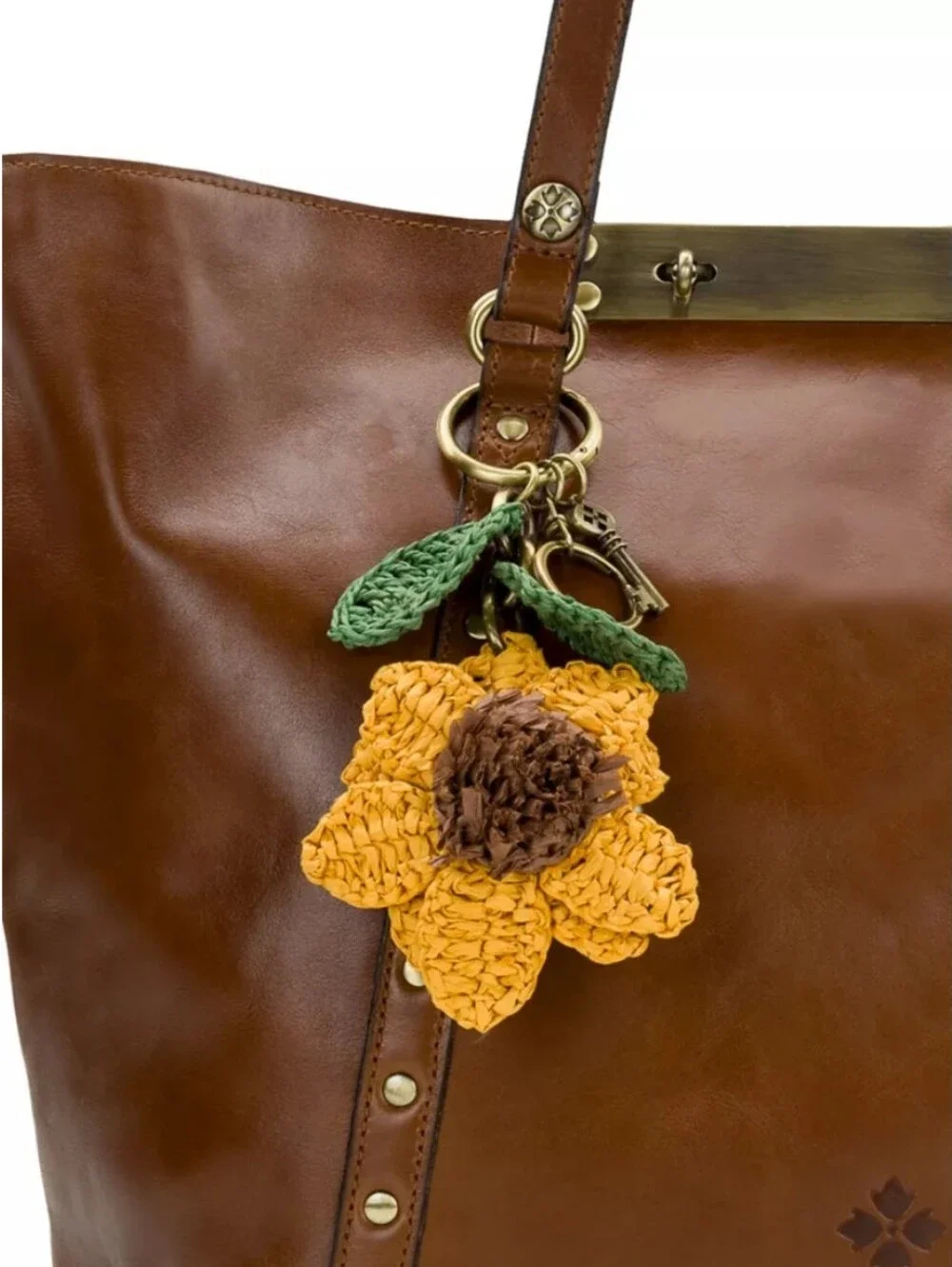 Patricia Nash Yellow Raffia Sunflower Crochet Key & Purse Charm W/Green Leaves